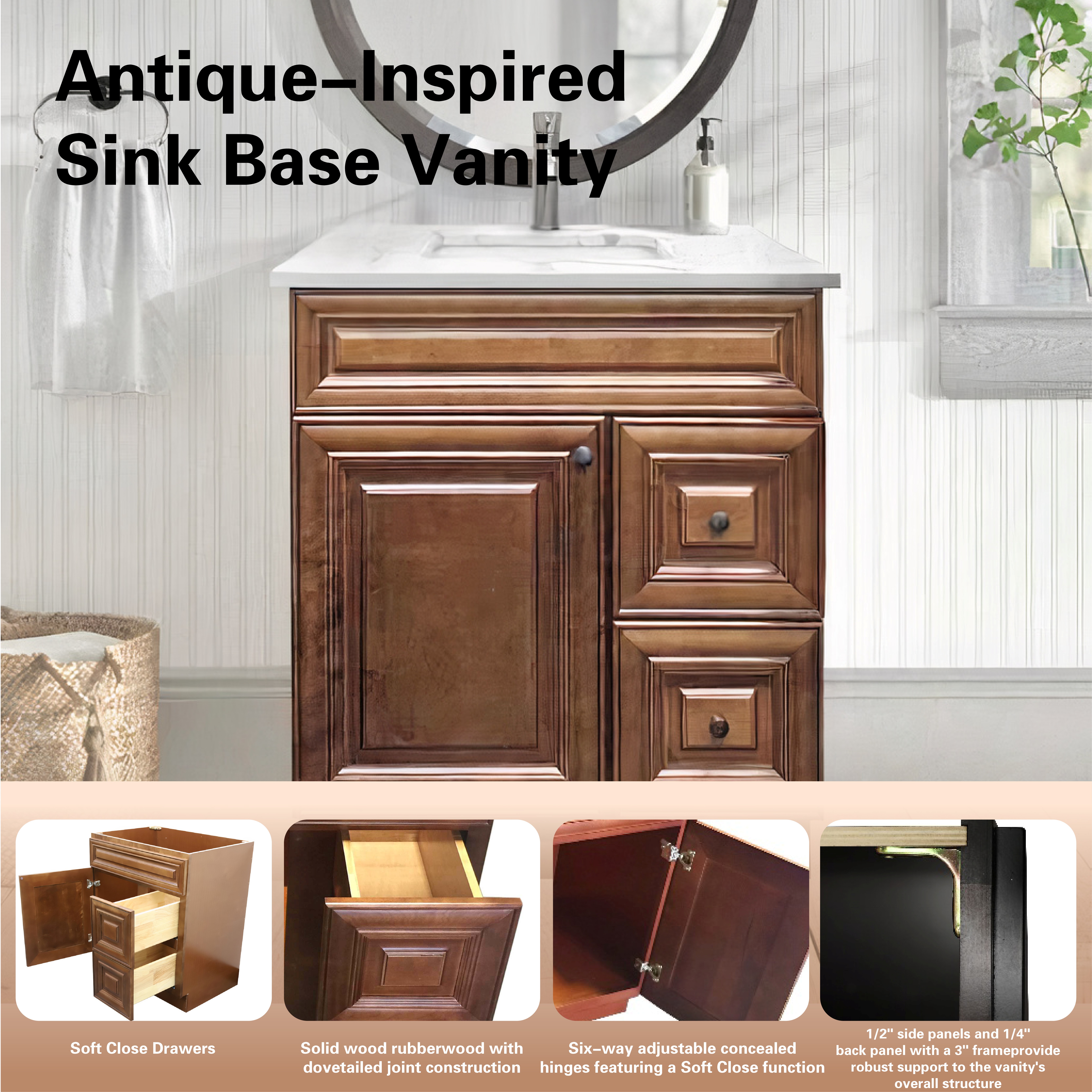 30" Shaker Bathroom Vanity Sink Base with Drawers (Ready-to-Assemble), Maple Walnut Vanity Base