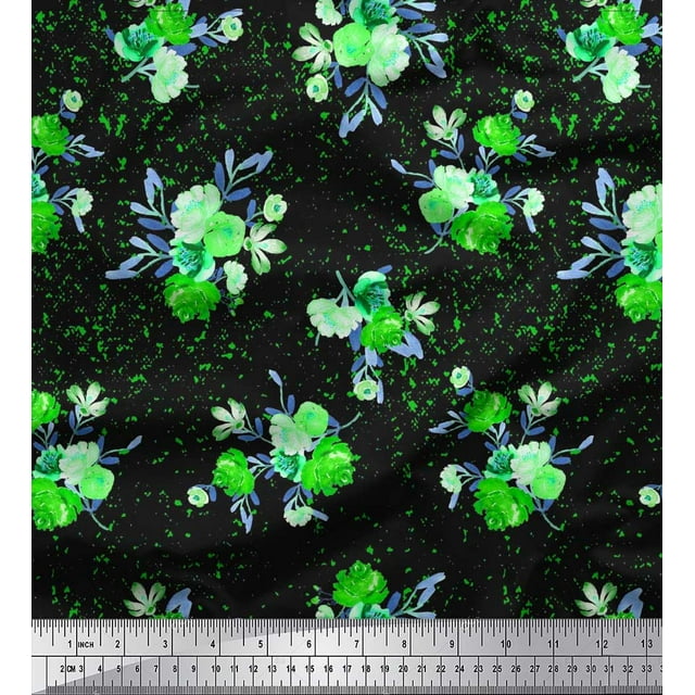 Soimoi Tissu en Poly Georgette Vert Imprimé Feuilles & Fleurs 1 Yard 52 Pouces de Large