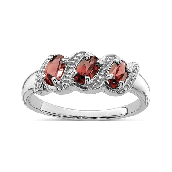 Sterling Silver Rhodium-Plated 3 Stone Garnet & Diamond Ring (Size 6) Made In India qdx589-6