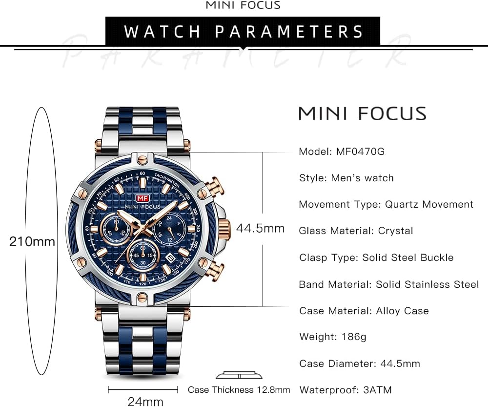 Business Men Watches (Chronograph/Waterproof/Luminous/Calendar/24 Hours) Big Face Stainless Steel Band Watches for Men