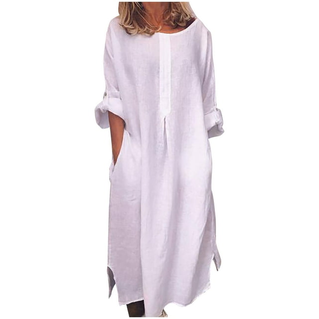 Robe Décontractée Ample pour Femme en Coton et Lin à Manches Longues, Robe Maxi Bohème Unie Fendue, Longue Robe de Détente d'Été et d'Automne avec Poches