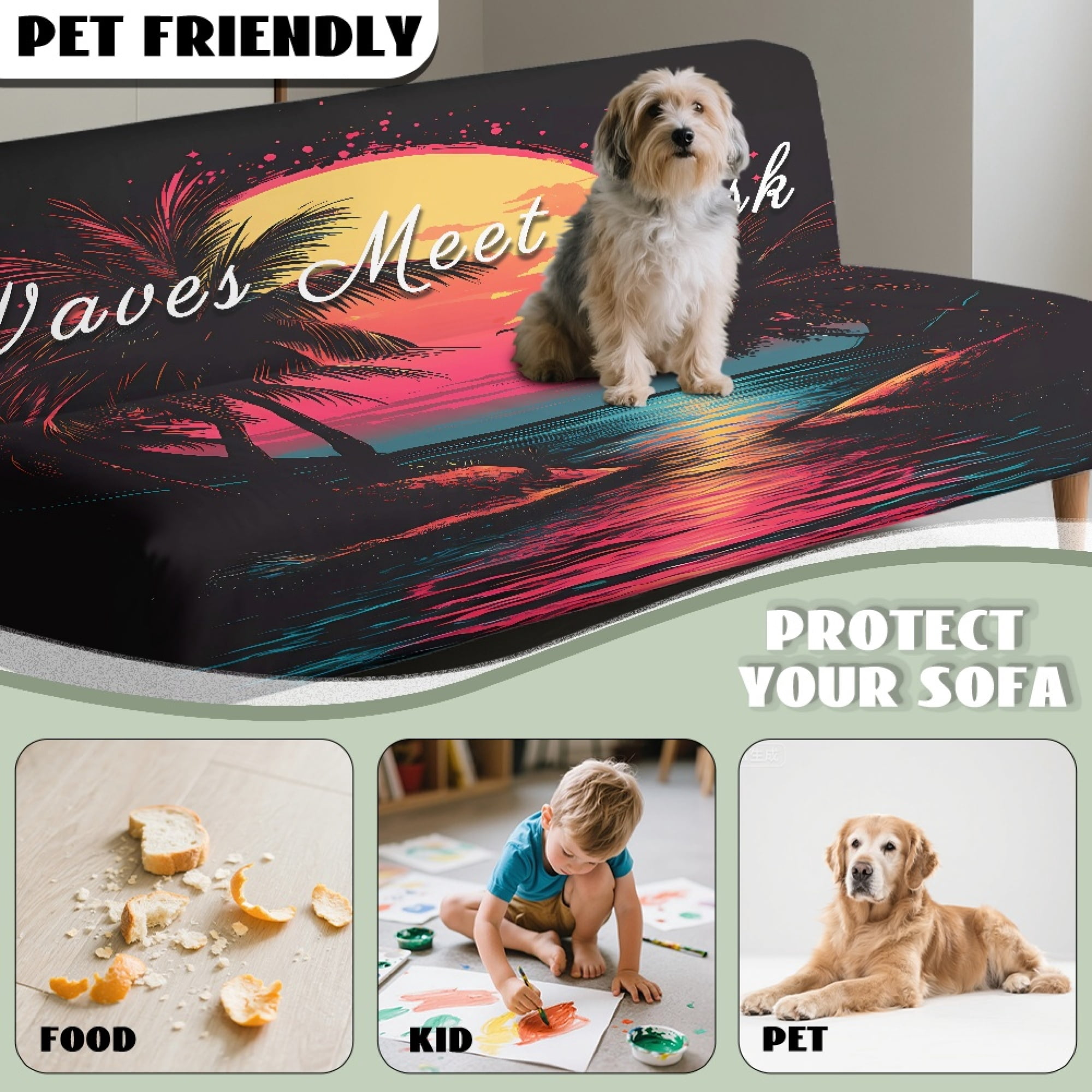 ZIATUBLES Beach Sunset Stretch Sofa Slipcover Armless Futon Cover Full Queen Size Furniture Protector Elastic Polyester Spandex Folding Couch Shield Sofa Cover
