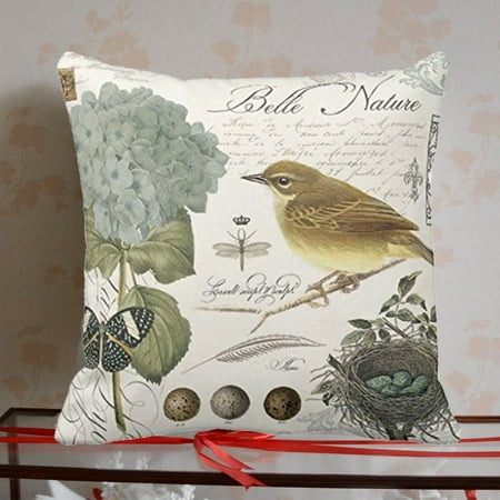Living Room Throw Pillow Covers Popeven Bird & Nut Pillow Cover Accent Blue Cotton Canvas Decorative Throw Pillow Case Cushion Cover for Sofa or Living Room 18x18''Home Decor ()