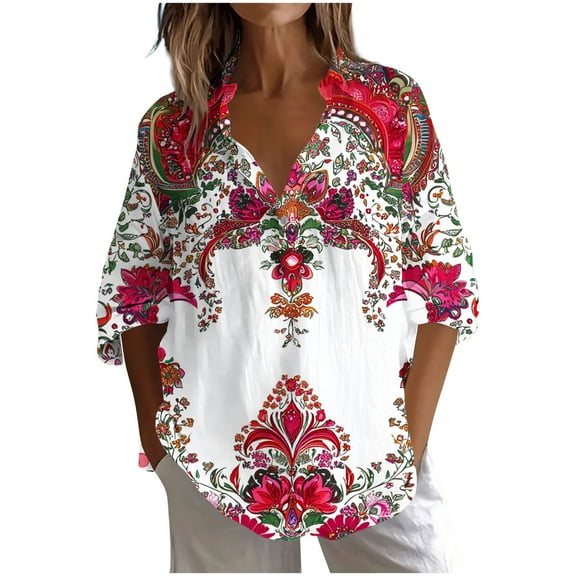 Tqyyweavej Long Sleeve Shirts for Women Button V Neck Casual Blouse Floral Printed Lightweight Loose Fit Collared Plus Size Tops S-3XL