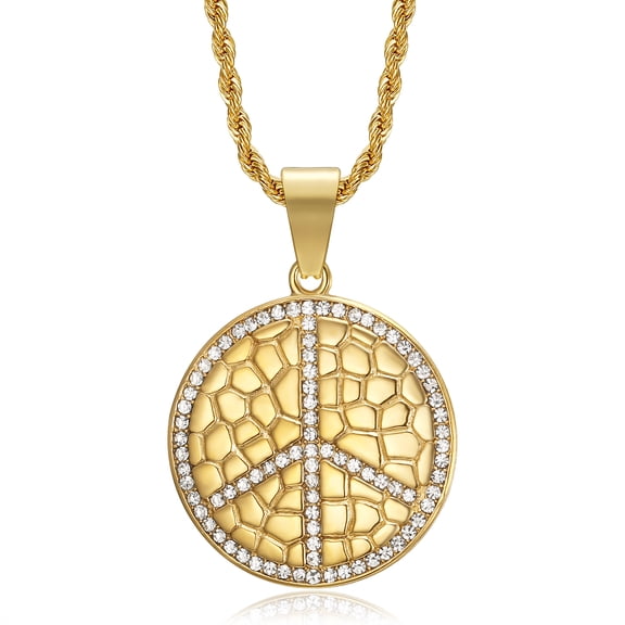 18K Gold Plated Peace Symbol Pendant Punk Rock Stainless Steel Necklace, 24 Inch Chain 60's 70's for Men Women Hippy Jewelry