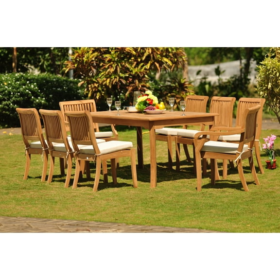 Teak Dining Set: 8 Seater 9 Pc: 71" Rectangle Table & 2 Stacking Arbor Arm & 6 Armless Chairs Outdoor Patio Grade-A Teak Wood WholesaleTeak #WMDSABu