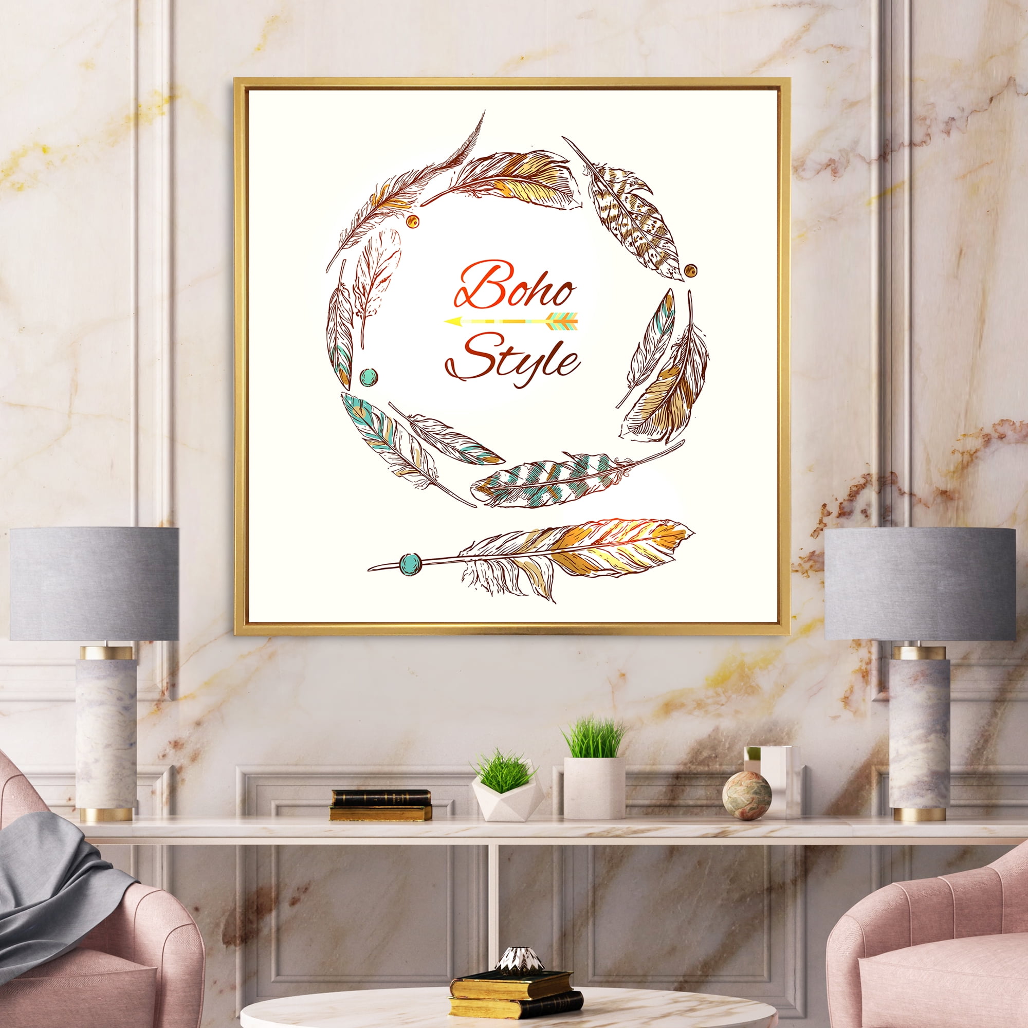 Designart 'Wreath Of Ethnic Beige Boho Feather' Bohemian & Eclectic Framed Canvas Wall Art Print