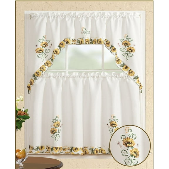 All American Collection Sunflower Rod Pocket Light Filtering Curtains, 60” x 36” (3 Panels)