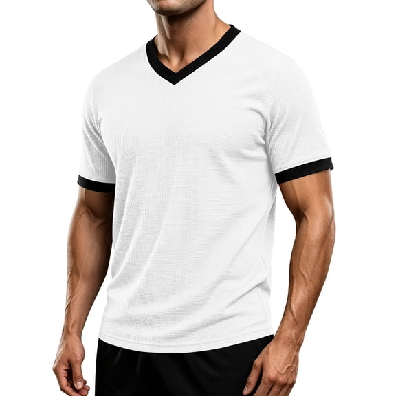 IYTR Mens Shirts V-Neck Short Sleeve Slim Fit T-Shirt Contrast Trim Cuff Casual Summer Athletic Gym Workout Solid Color Muscle Tee (White,XXL)