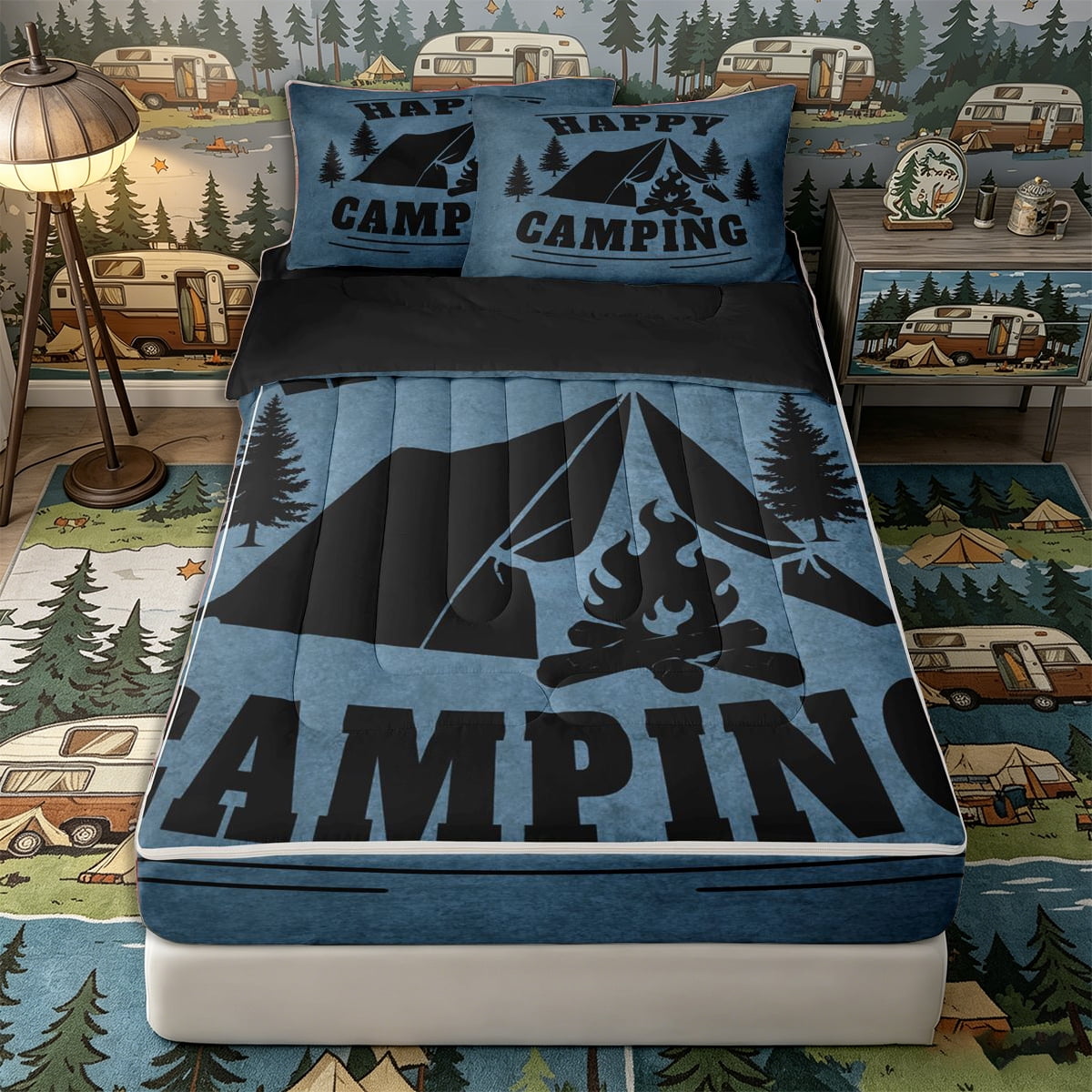 Castle Fairy Cozy Outdoor Camping Zipper Full Size Comforter Sets with Fitted Sheet and 2 Pillowcases Warm Campfire Tent Zipper Bedding Set Indigo Charcoal 4pcs Black Reversible