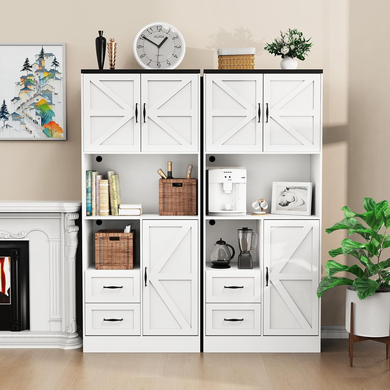 Frmobepts 68" Tall Kitchen Pantry with LED Lights, Free-standing Wood Storage Cabinet with Farmhouse Barn Doors for Dining Room, White