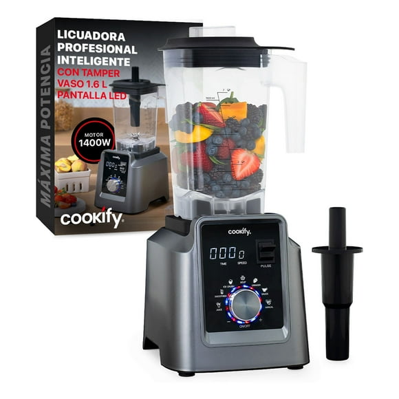 Licuadora Profesional para Uso Rudo con Panel Digital y Tamper, Alta Potencia. Cookify (Gris, 1.6 Lt)
