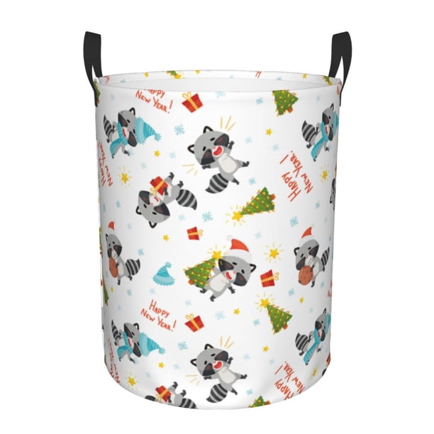 Fotbe happy new year Raccoon Cesto de Ropa con Asas, Cesto Impermeable de Gran Capacidad, Bolsa de Lavado para Dormitorio, Cesto de Ropa con Ruedas y Asas-Medium
