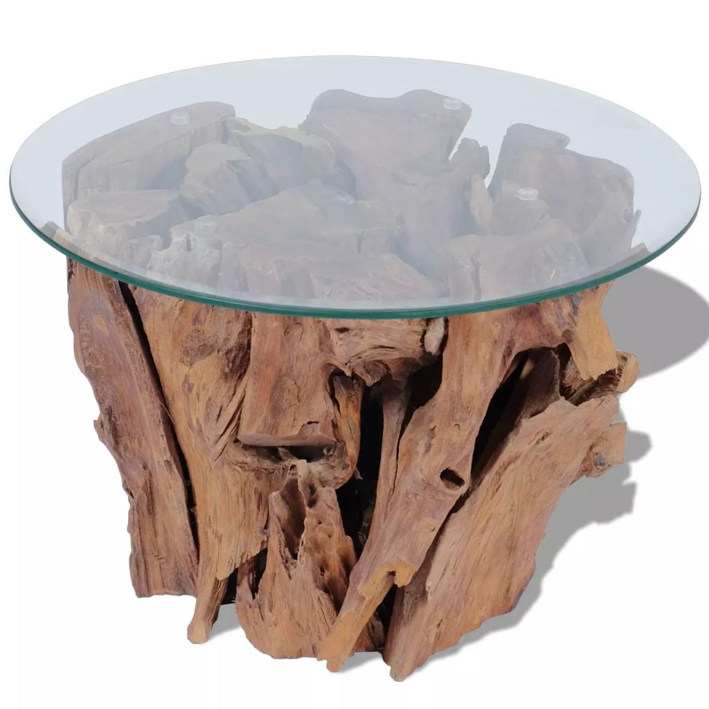 Kepooman 23.6" Modern Solid Teak Driftwood Round Side Tea Stand with Glass Tabletop for Living Room, Brown