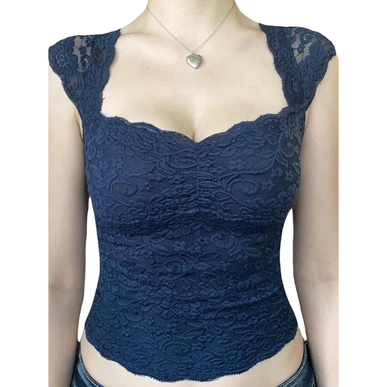 Women's Y2K Lace Trim Cami Top – Vintage Cropped Tank, Spaghetti Strap, Coquette Style For Summer