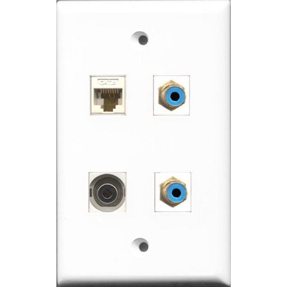 RiteAV - 2 Port RCA Blue and 1 Port 3.5mm and 1 Port Cat6 Ethernet White Wall Plate