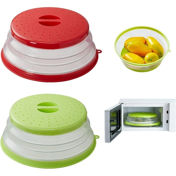 BAODELI Vented Collapsible Microwave Splatter Proof Food Plate Cover with Easy Grip Handle Dishwasher-Safe, BPA-Free Silicone & Plastic, 10.43" Round(2-piece set of red & green)