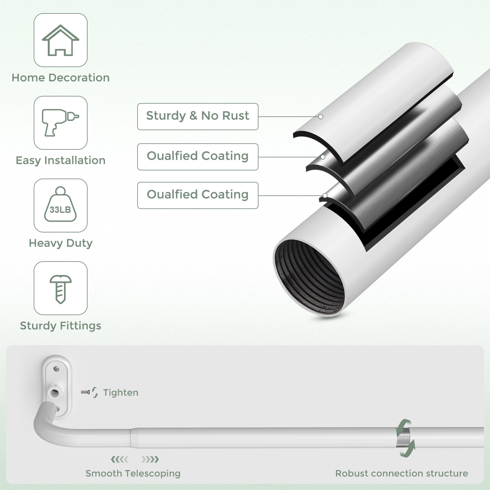 OLV 1" Diameter Adjustable Wrap Around Curtain Rods 28-48" heavy duty,White