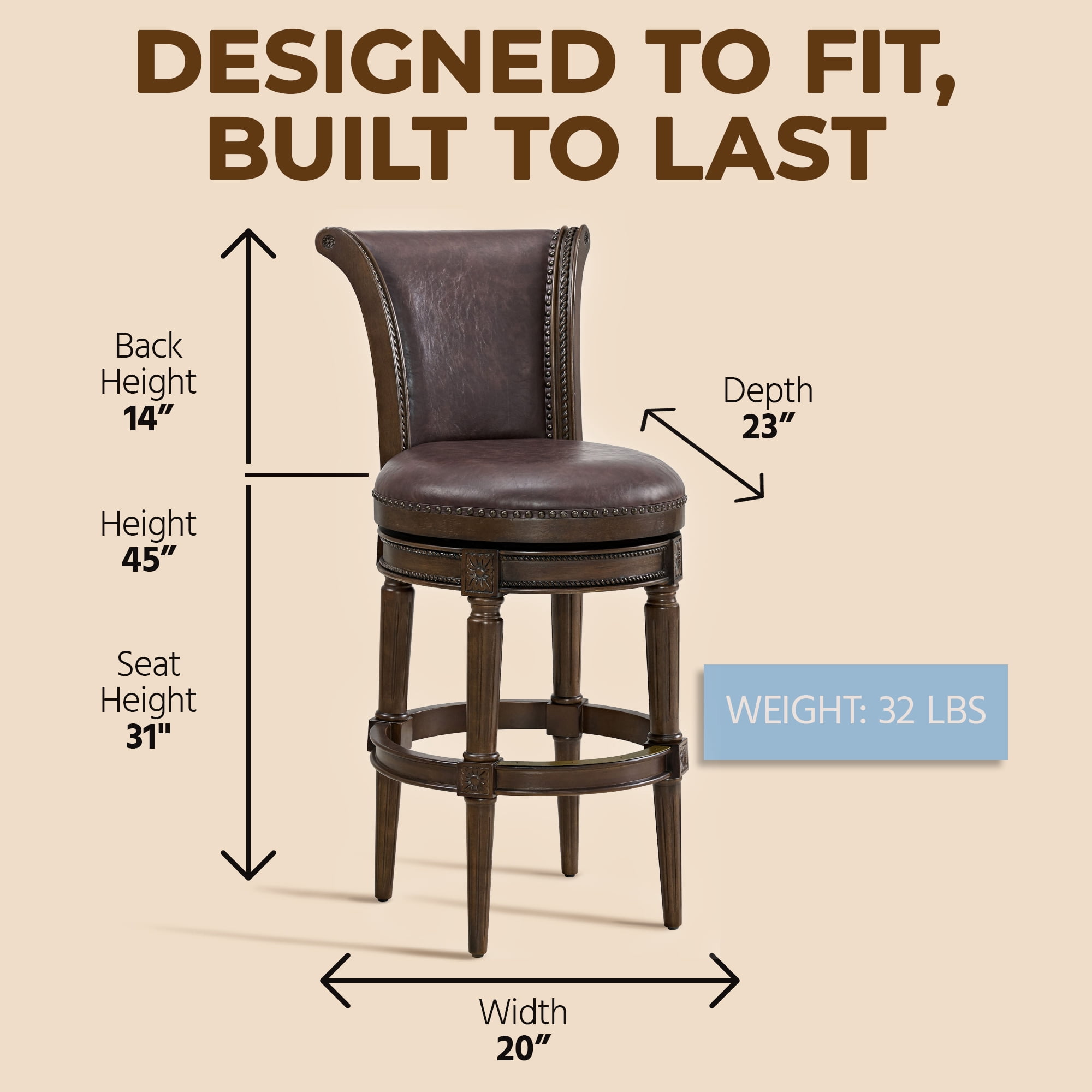 ROME + OAK Runyan 31" Swivel Bar Stool, Dark Walnut Wood, Vintage Brown Faux Leather, Set of 3