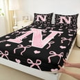 thumbnail image 3 of Feelyou Pink Initial Letter Queen Sheet Sets, Monogrammed N Flat Sheet, Princess Bowknot Queen Fitted Sheet, Microfiber Bedroom Decor, 4pcs, 3 of 7