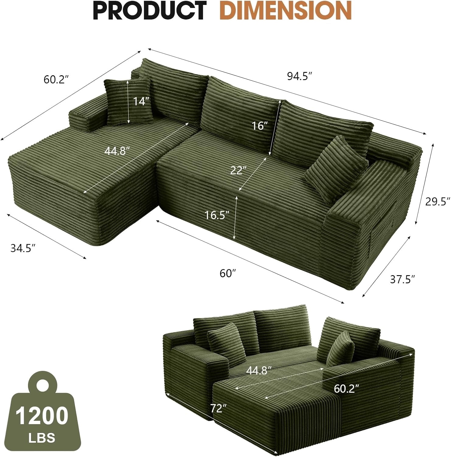 MOONMISS L-Shaped Cloud Sectional Couch with Chaise,Modern Corduroy Upholstered Modular Boneless Sofa,No Assembly for Living Room Apartment(Green,Left)