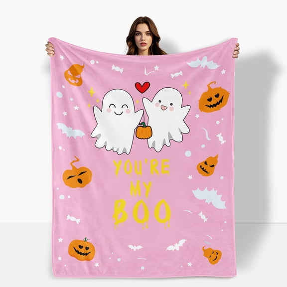 Pink Cozy Fleece Blanket For Couples Featuring Pumpkins Stars Sunny Dolls And Bats Representing Love And Togetherness Soft Warm For Sofa Bed Travel Camping For Family Friends Shipped From USA