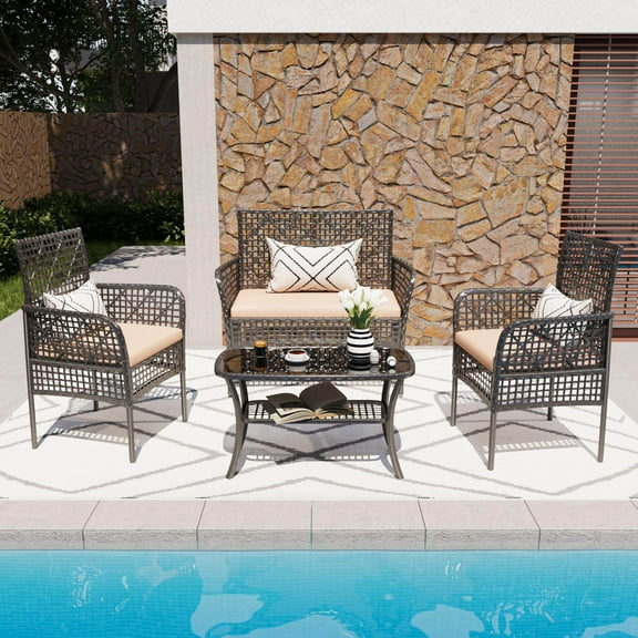 Patio Furniture Sets 4 Pieces Outdoor Patio Furniture Set,PE Rattan Wicker Garden Conversation Chairs with Tempered Glass Table and Soft Cushions for Backyard Pool or Lawn,Outdoor Patio Furniture Set