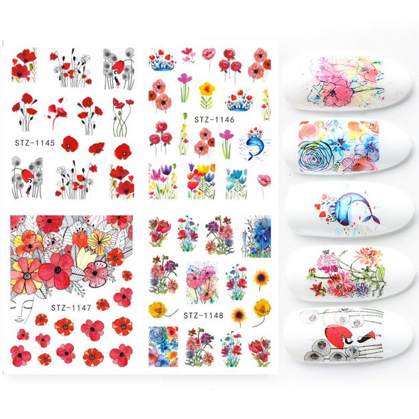 4 unids/set de dijes, pegatinas de hojas de flores para uñas, calcomanías de acuarela para decoración de uñas, deslizadores, decoraciones de manicura, láminas de tatuaje, TRSTZ1137-1180-1 Tan Jianjun unisex