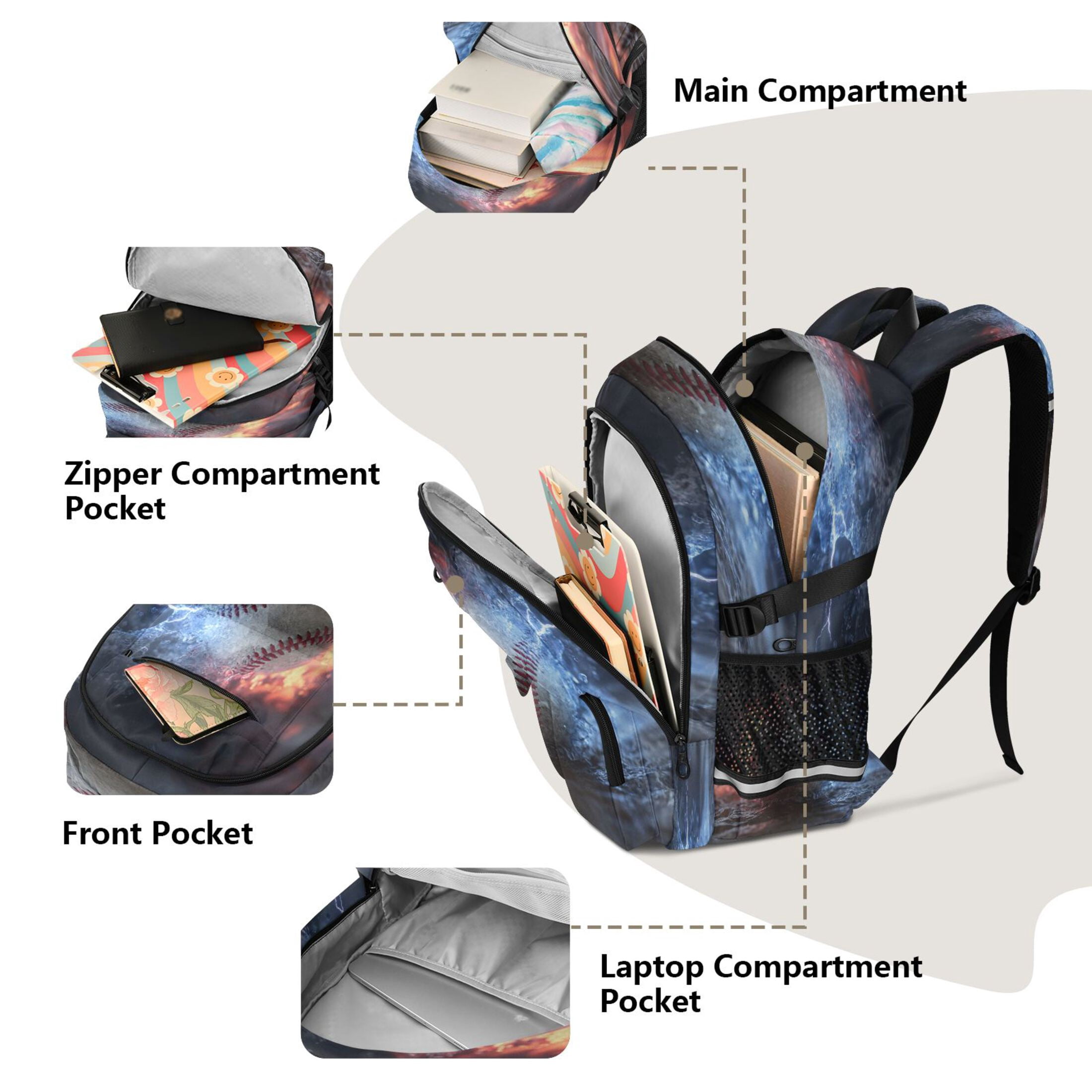 30L Backpack Durable Computer Bag for College & Travel Lightweight Daypack Fits 15.6" Laptop Baseball with Water and Fire