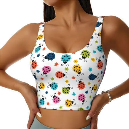 Qokaie Ladybugs And Flowers Pattern Womens Scoop Neck Sports Bra Breathable Workout Vest Padded U Back Medium Impact Fitness Gym Yoga Bra Workout Crop Top-XX-Large