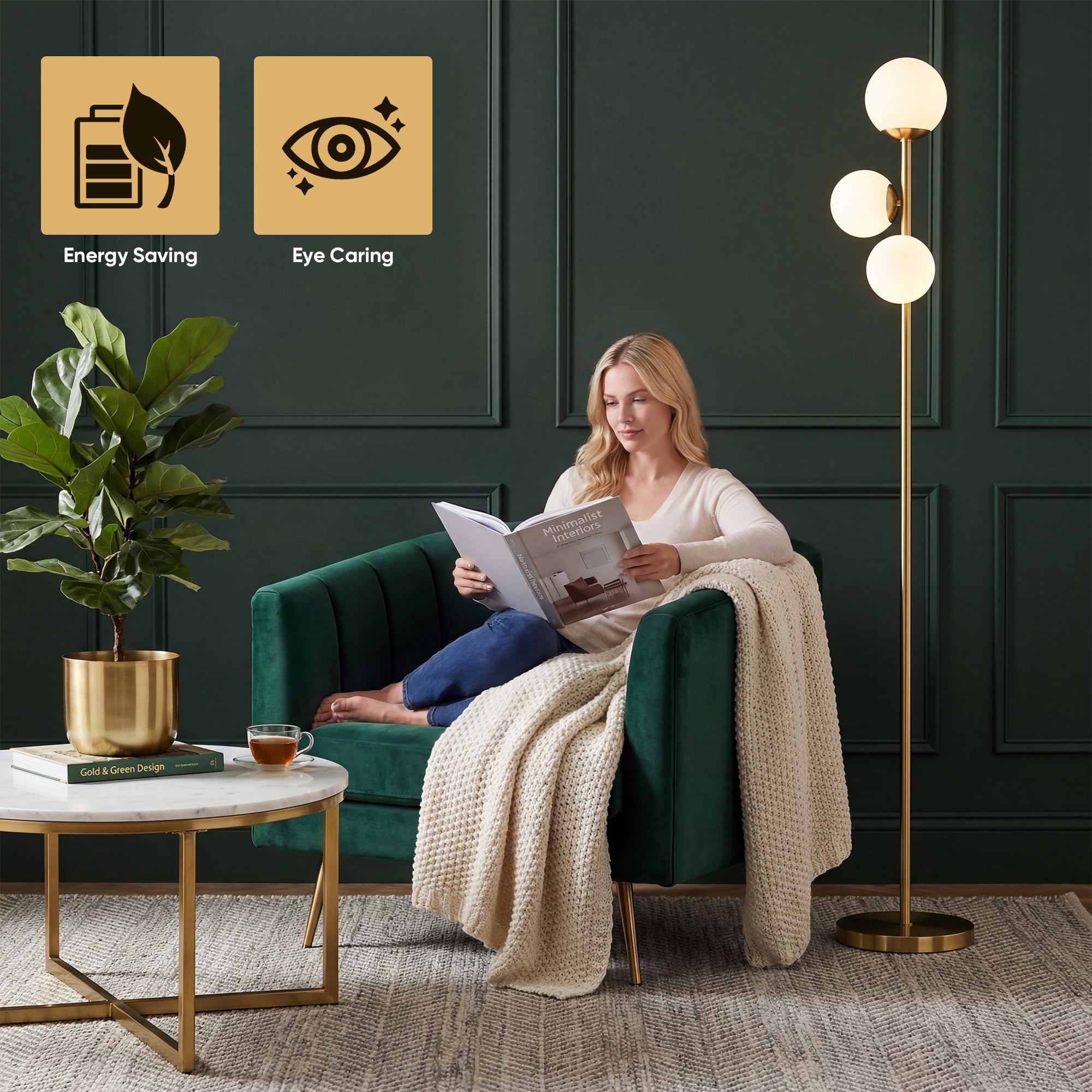 65.7in Gold 3-Light Globe Floor Lamp Modern Standing Tree Lamp with Frosted Glass Shades & Foot Switch for Living Room Bedroom