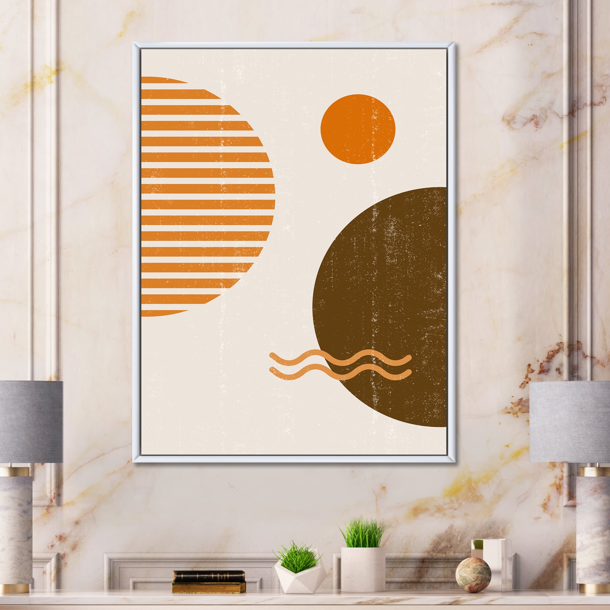 Designart 'Abstract Minimal Moon and Sun In Earth Tones III' Modern Framed Canvas Wall Art Print