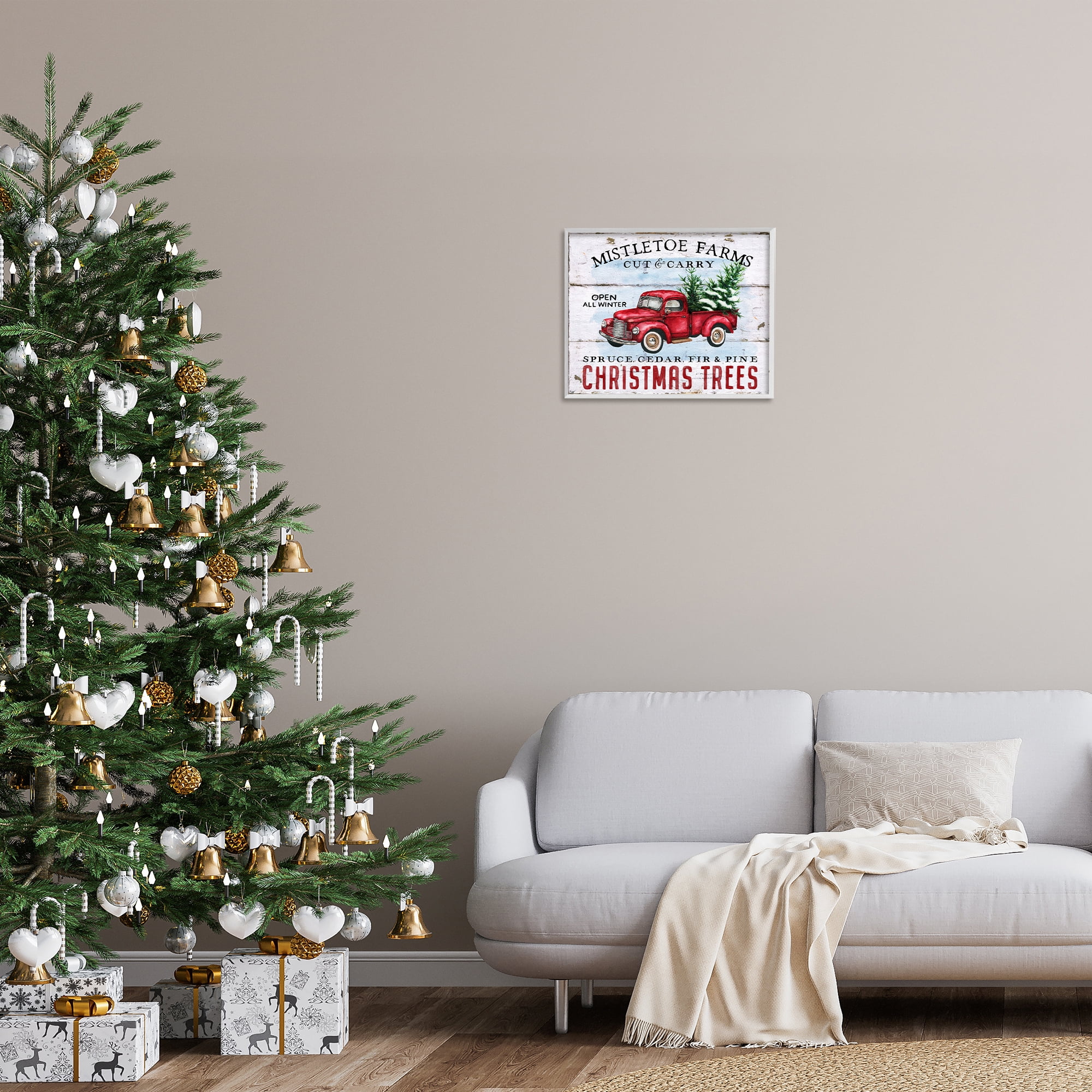 Stupell Industries Mistletoe Farm Trees Holiday Painting White Framed Art Prints Wall Art, 20 x 16