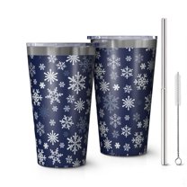 16oz Tumblers Dark Blue Christmas Snowflake Pattern Stainless Steel Vacuum Insulated Double Wall Travel Tumbler Cups Mug with Lid and Straw,Cleaning Brush for Coffee,Tea
