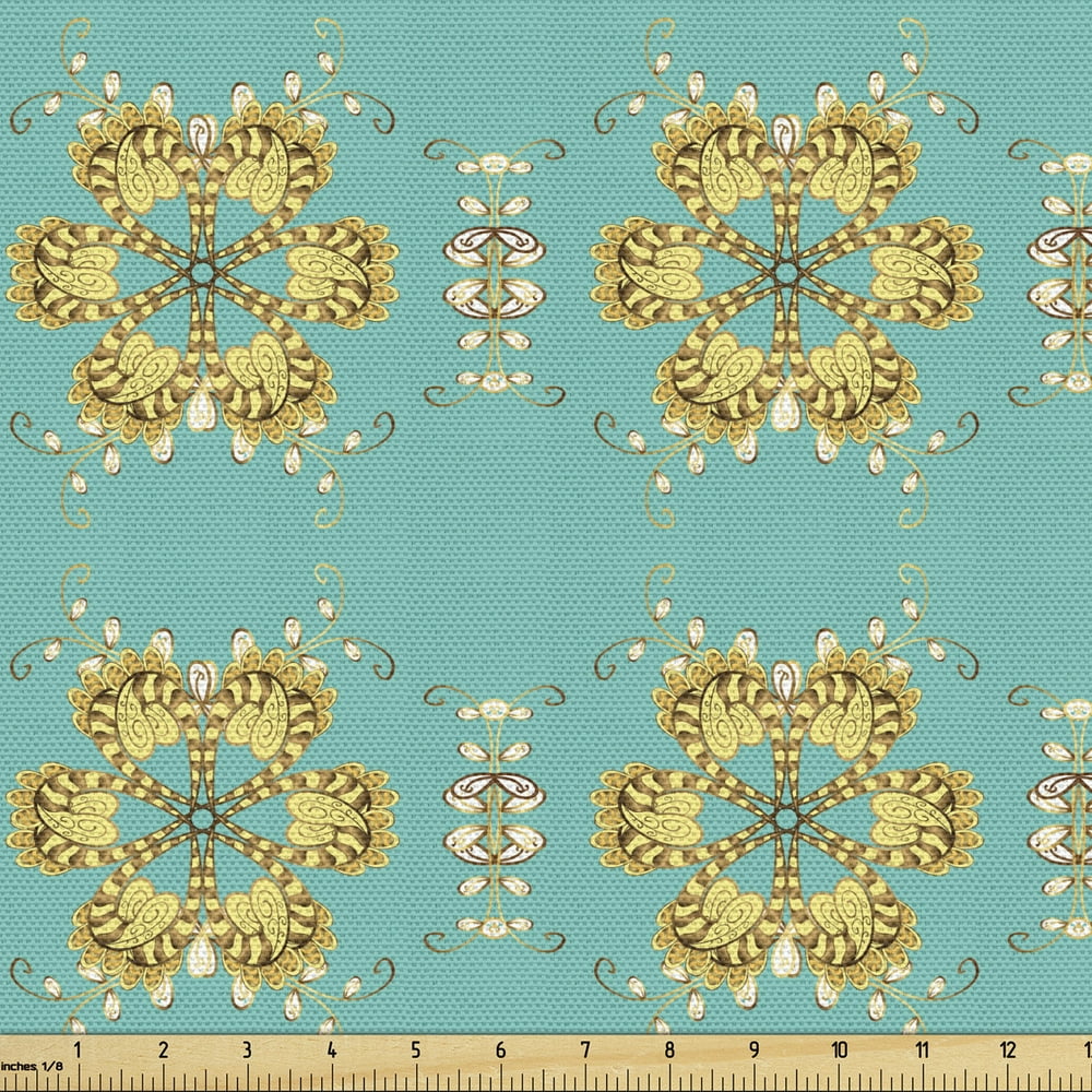 Yellow Damask Fabric by the Yard Oriental Themed Geometric Tile
