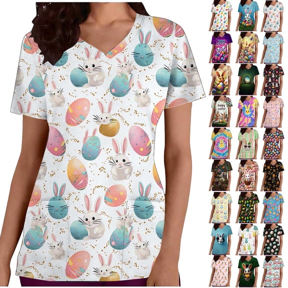 ZVAVZ Women Easter Scrub Tops Short Sleeve V Neck Nurse Working Uniform Soft Stretch Egg Printed Medical Care Shirts Army Green,S