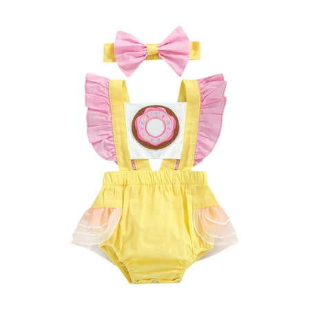 

Lamuusaa Infant Baby Girl Summer Jumpsuit Set Ruffled Sleeve Donut Graphic Print Contrast Color Romper + Bow Headband