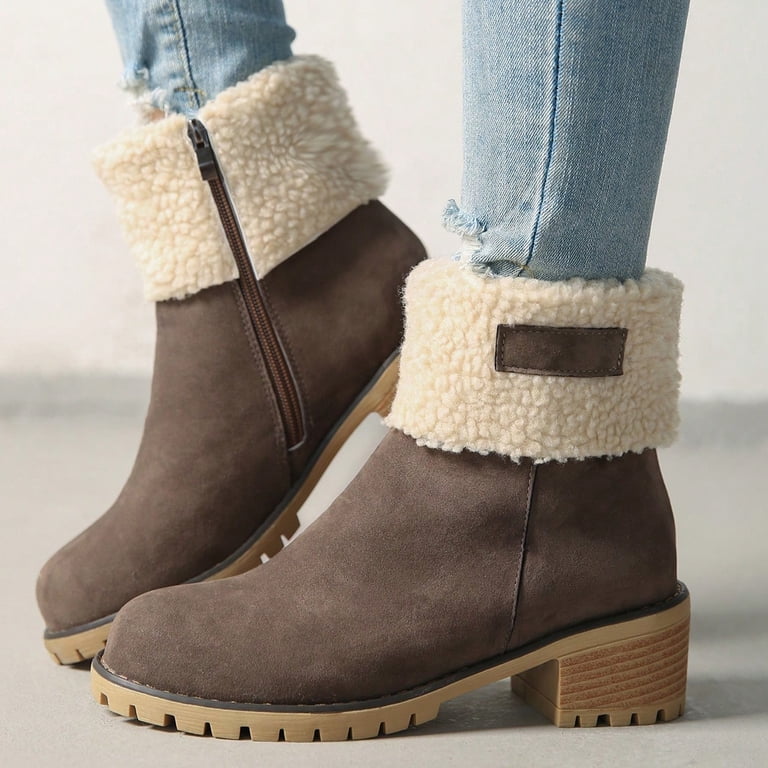 Modisza Winter Boots for Women Comfortable Slip on Snow Ankle Boots Suede Chunky Heel Outdoor Dress Booties with Side Zipper Khaki 6.5