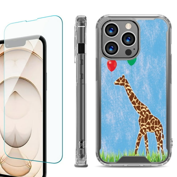 Shockproof Bumper Phone Case for iPhone 13 Pro Max, with Tempered Glass Screen Protector, by OneToughShield ® - Giraffe/Balloon