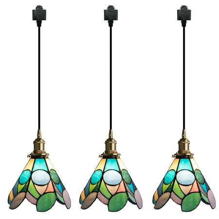 

Kiven J-Type Track Lighting Pendants Tiffany J Track Pendant Lights with Stained Glass Lampshade Decorative Track Lighting Fixture for Restaurant Kitchen Island Hallway(3-Light)