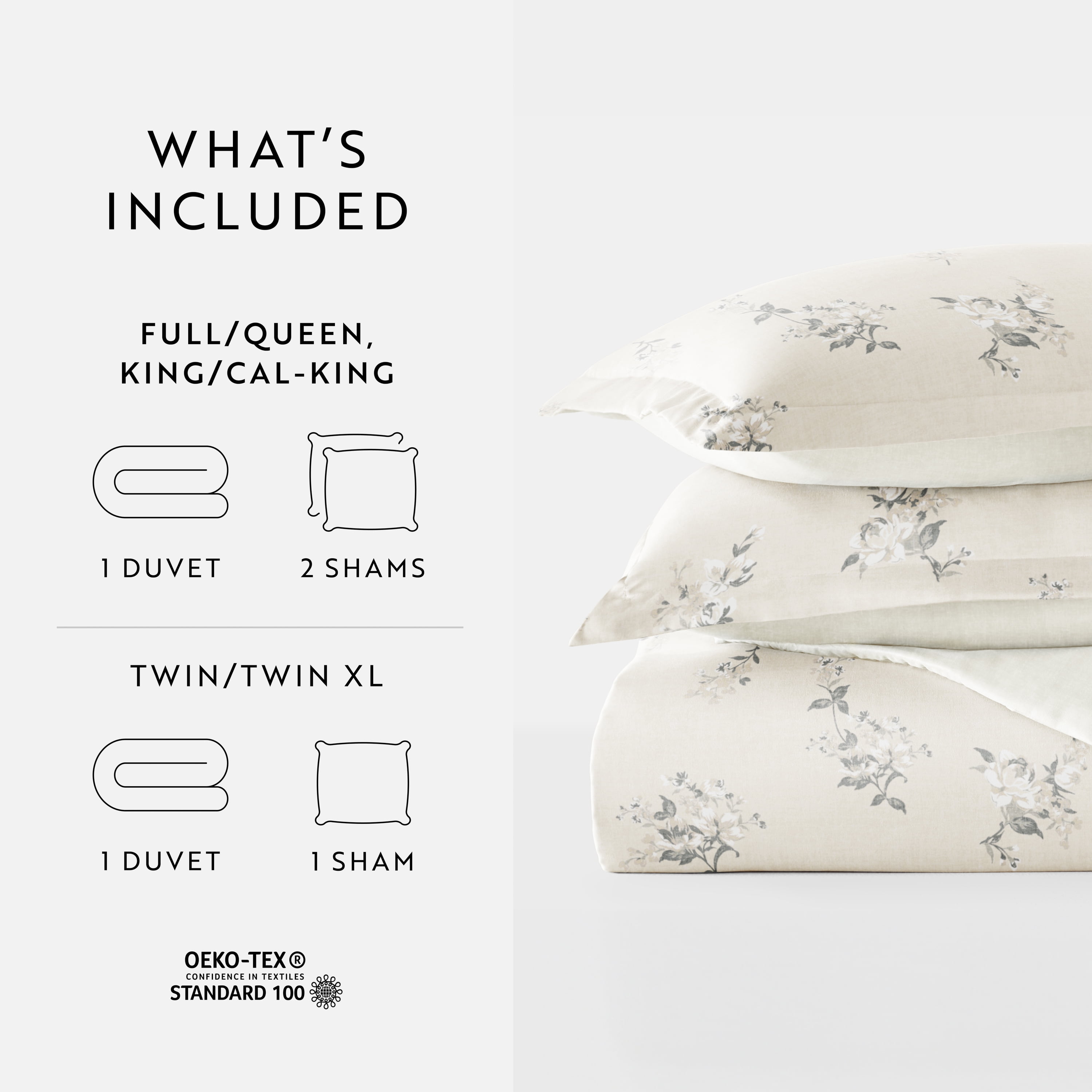 Noble Linens Delicate Floral Ivory 3-Piece Patterned Duvet Cover Set, King