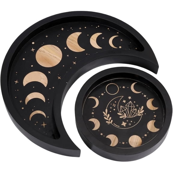 Crescent Moon Tray Holder Set for Stones Display Black Wooden Tray with Round Jewelry Dish Essential Oil Decorative Gift