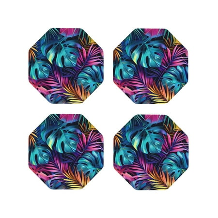 

Honeii Colorful Tropical Leaves Print Leather Coaster Set of 4 Ideal for Safeguarding Your Furniture from Drinks Spills and Effortless Cleanup-Octagon