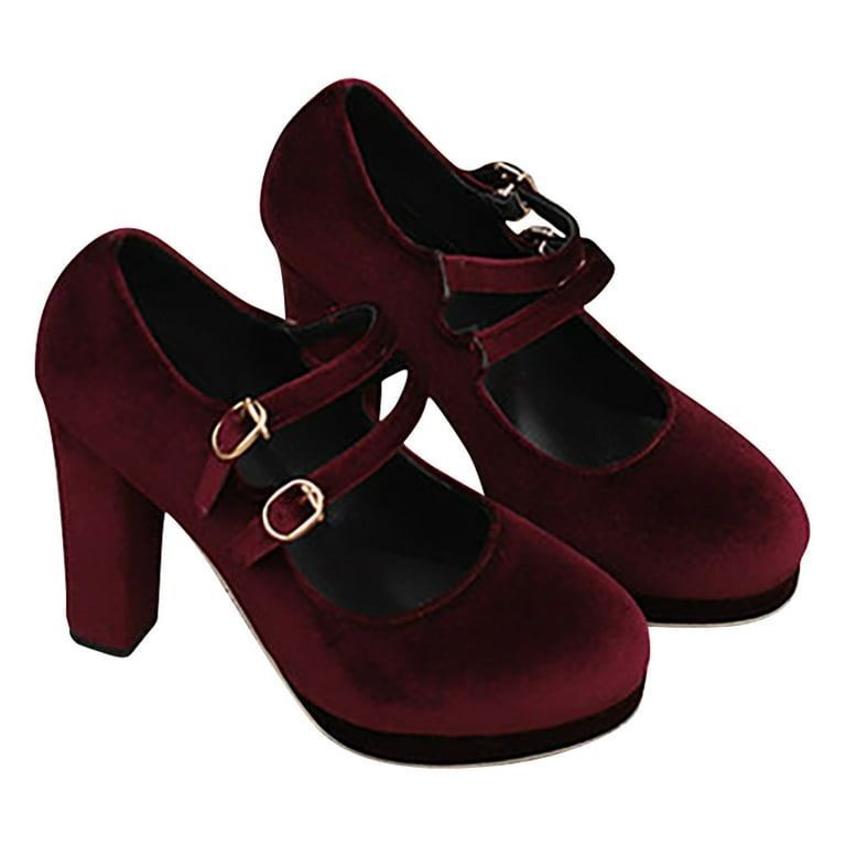 Women's Buckle Strap Heels Chunky High Heel Shoes Closed Toe Velvet Dress  Pumps Wedding Party Shoes Wine 38 - Walmart.com