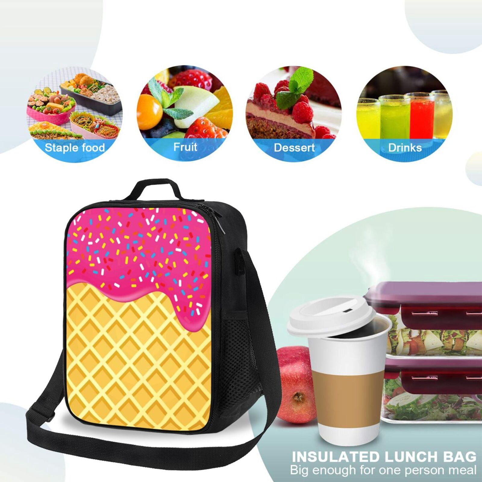 Ratiio Red Ice Cream Print Lunch Box - Reusable Lunch Bag Men Adult Women- Insulated LunchBox