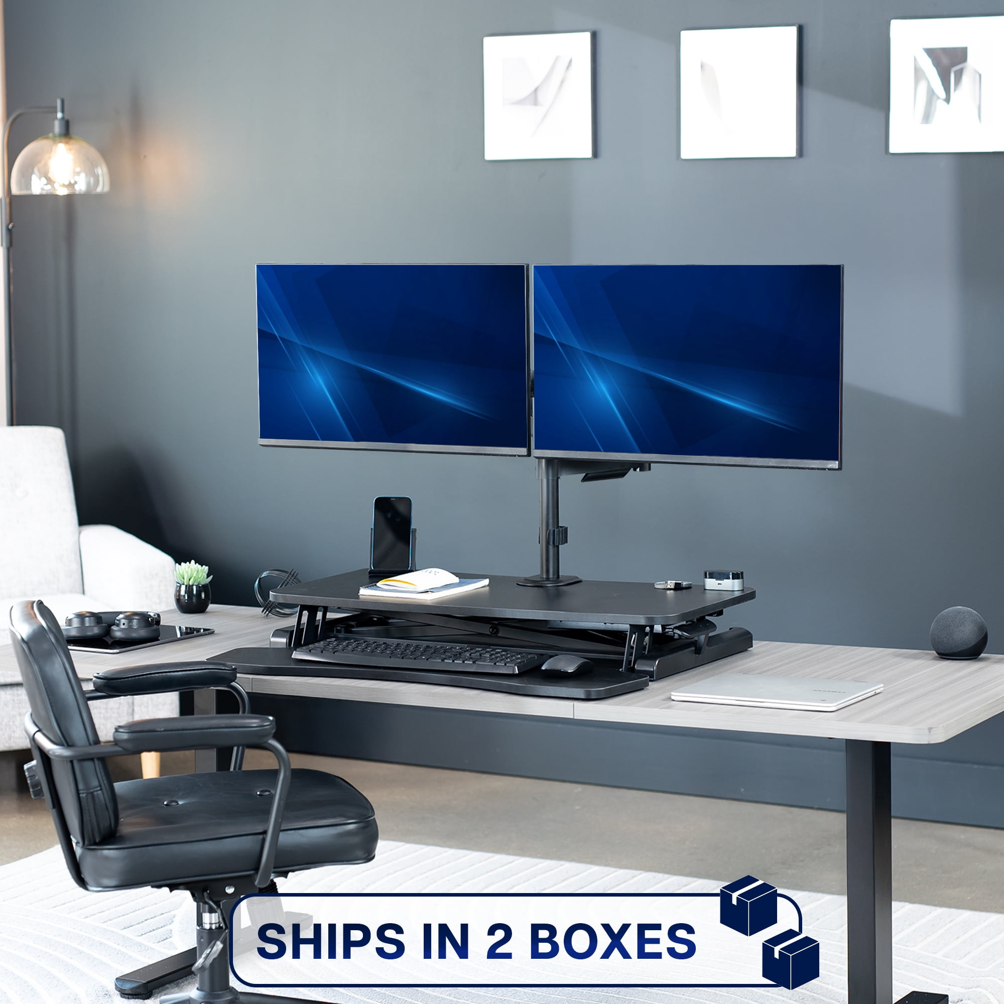 VIVO Black 36" Standing Desk Riser with Dual Monitor Arm for up to 32" Screens