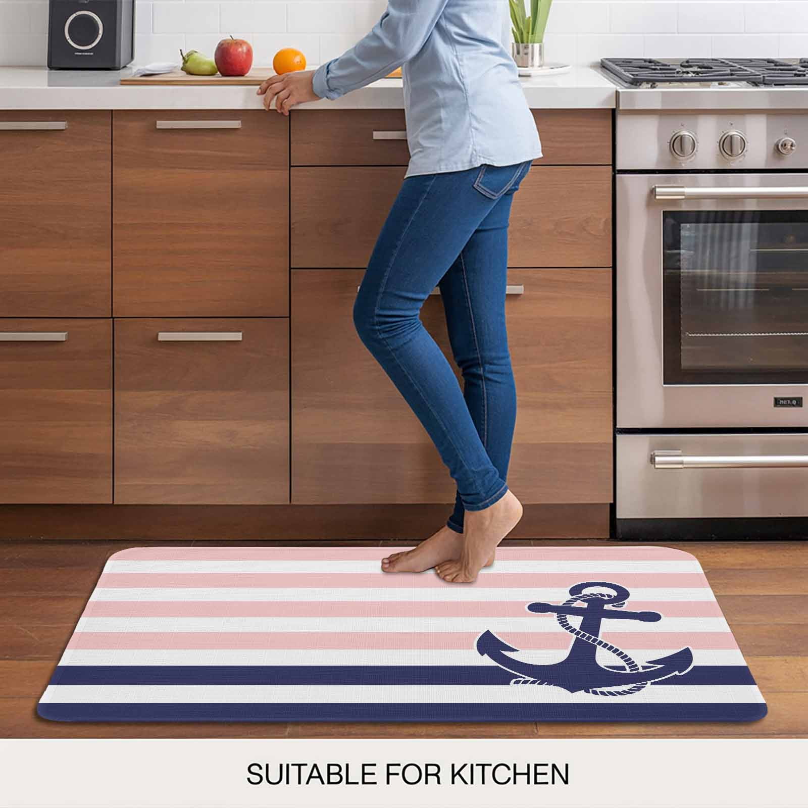Anchor Pink Doormat Outdoor Entrance 16"x24", Modern Navy Blue White Striped Nautical Absorb Moisture Dirt Door Mats, Non-Slip Rubber Backing Floor Mats Indoor, Low-Profile Front Door Rugs