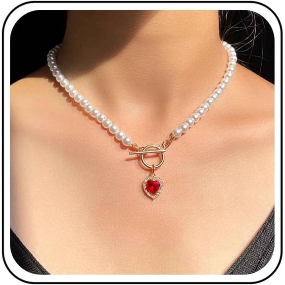 Vintage Pearl Choker Necklace with Red Heart Ruby Rhinestone Pendant, 16 Inch Chain, Women's Fashion Jewelry