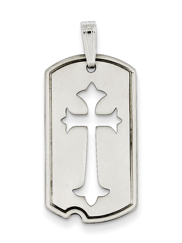 925 Sterling Silver Cut-out Satin Antiqued Dog Tag With Cut Out Cross Pendant 