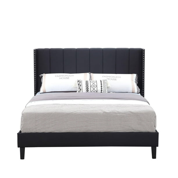 Queen Size Upholstered Platform Bed With Wingback Headboard And Wooden Frame Round Ons Modern Fabric Full Wood Slat Support Black Com Queen Size Upholstered Platform Bed, Round Platform Bed Frame Queen Size